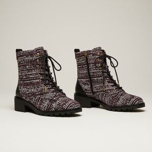 TORY BURCH Burgundy Tweed Lace-Up Lug Boots